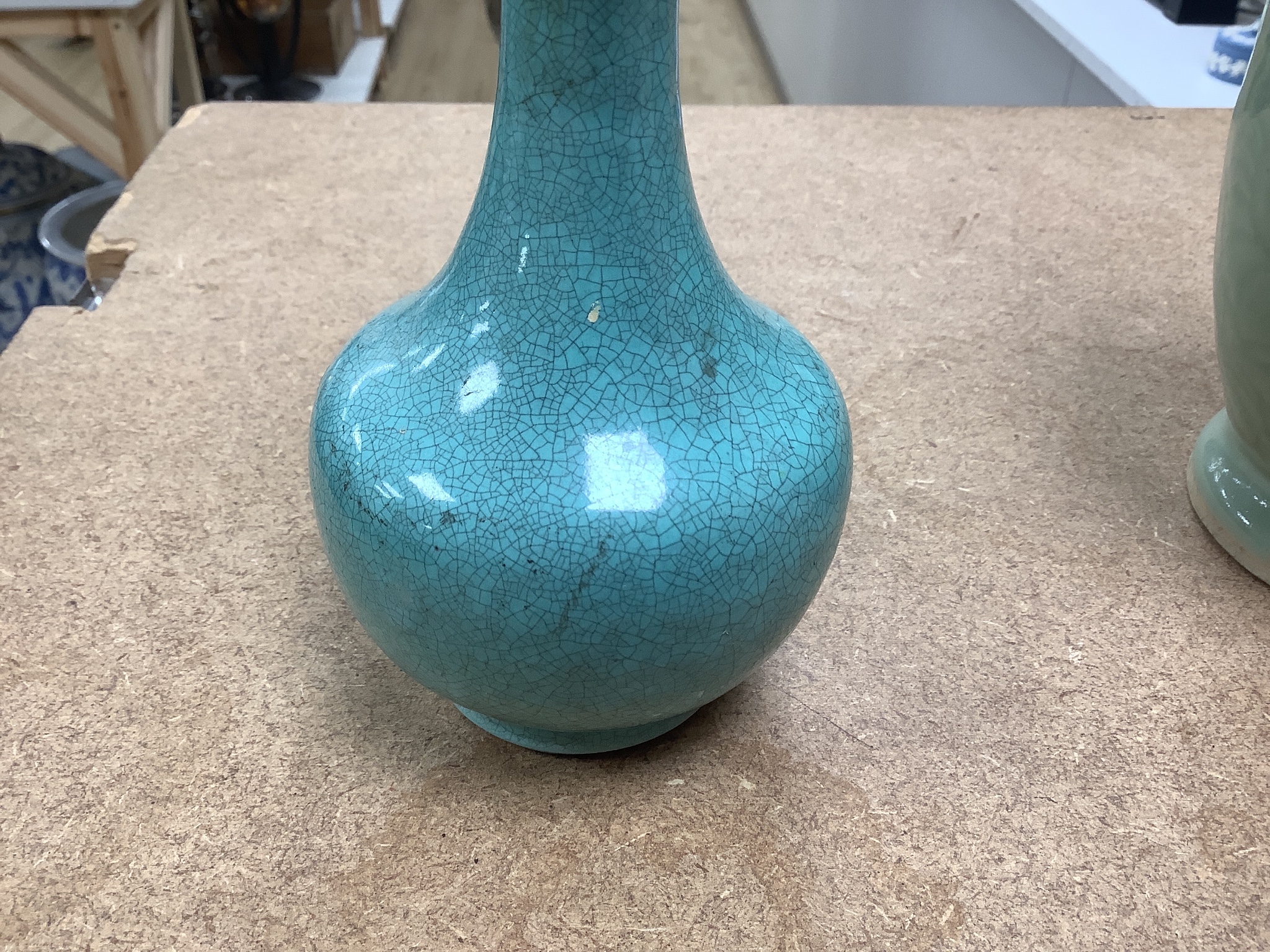 Three 19th Chinese monochrome glazed vases, with sang de boeuf, celadon and turquoise crackle glaze, tallest 21 cm